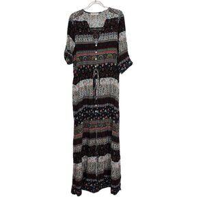 R Vivimos Floral Maxi Dress Womens Size Medium Blue Boho 3/4 Roll Tab Sleeves